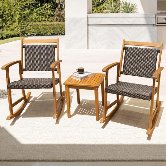 IDZO Solid Wood Wicker Rocking Chairs Set of 2 for Outdoors