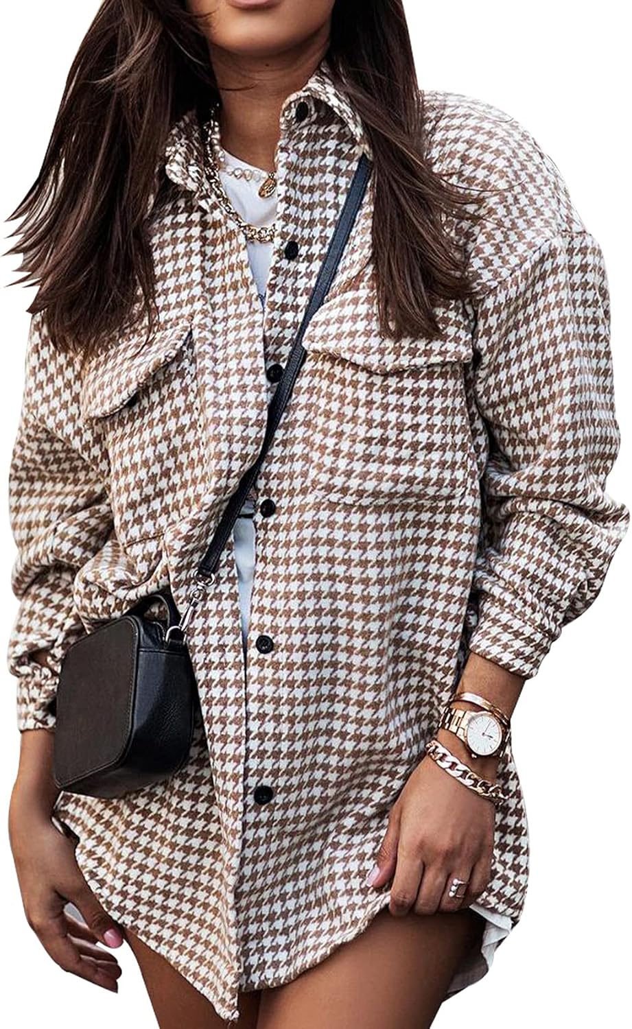 Yimoon Plaid Jacket Women Casual Houndstooth Flannel Shacket