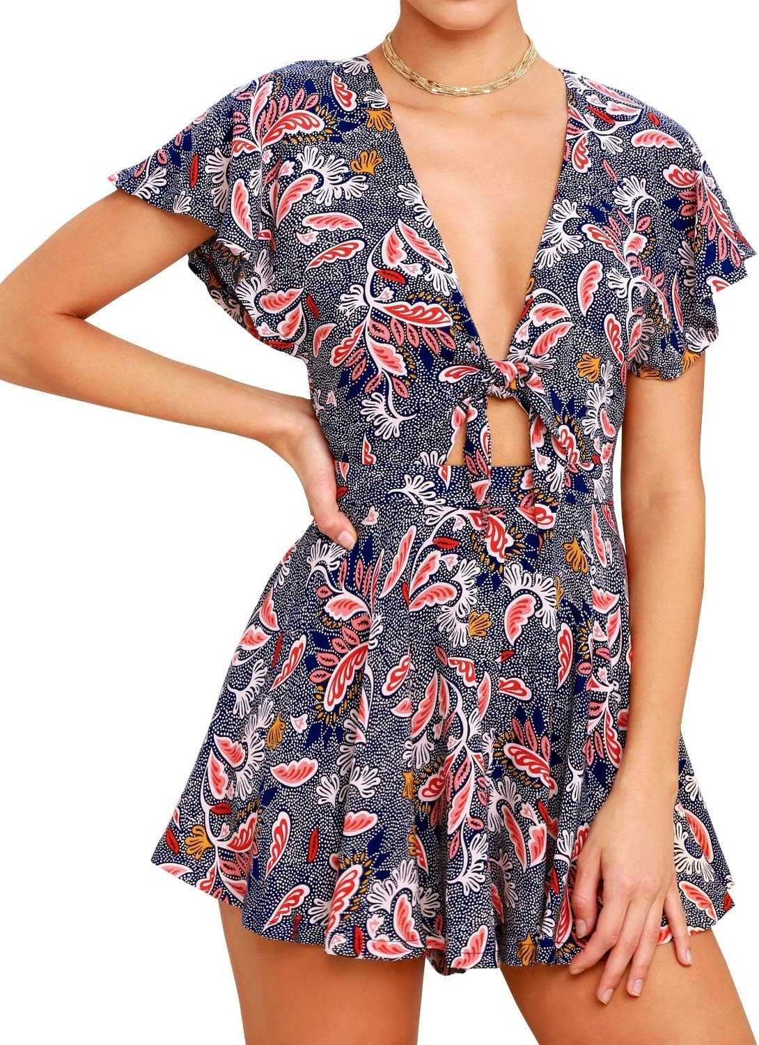 AGQT Women's Sexy V-Neck Self-Tie Front Romper for Summer Fun