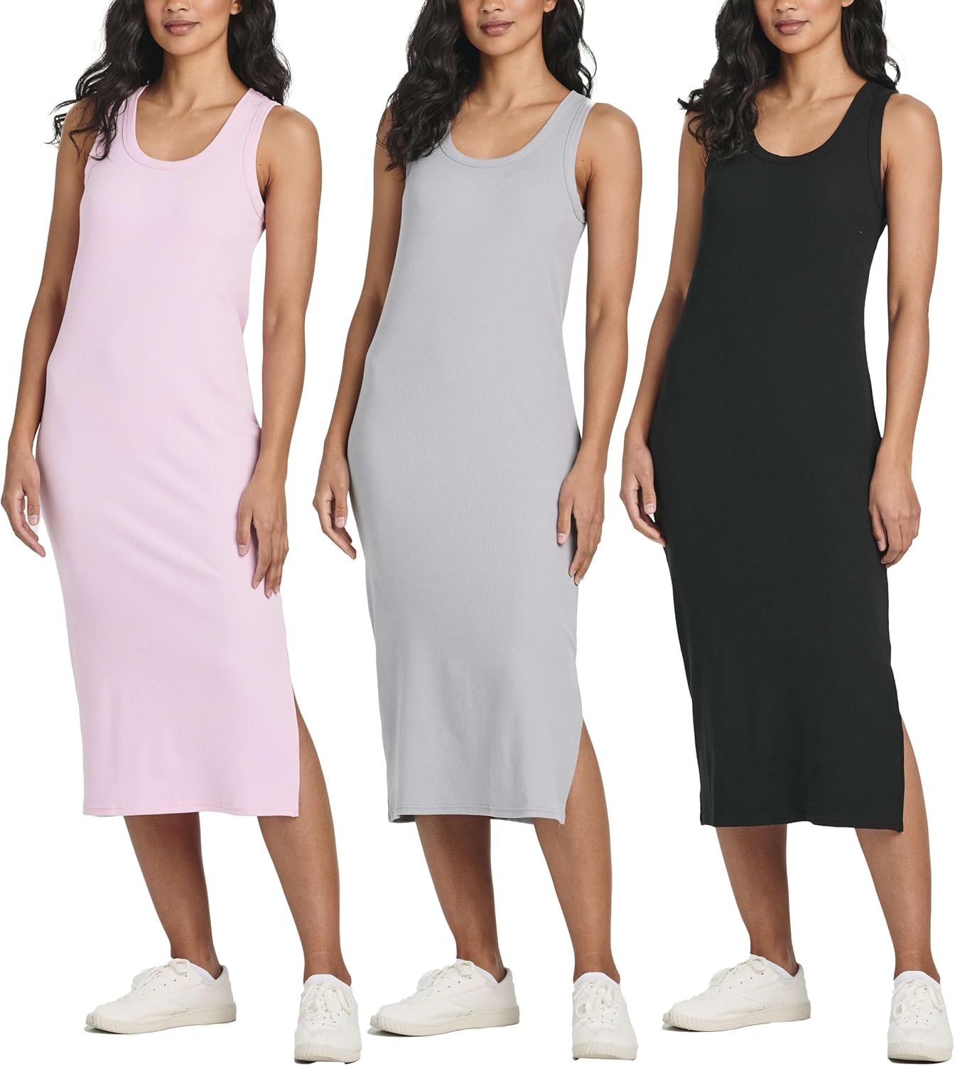 Real Essentials Women's Ribbed Knit Midi Shift Dress 3 Pack