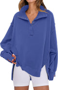 Women's Oversized Henley Sweatshirt - Casual High Low Split Top