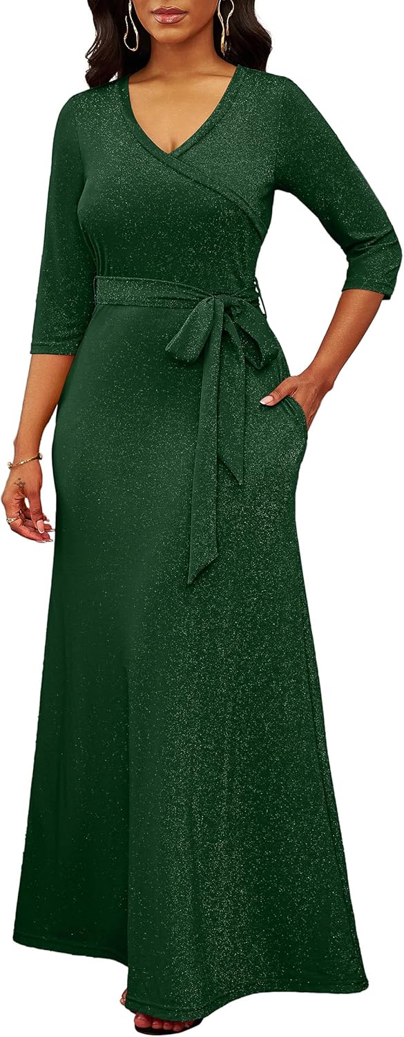 FANDEE Women's Maxi Dress - Bohemian Solid Color V-Neck Style