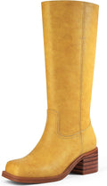 Campus Knee High Boots Wide Calf Square Toe Chunky Heel - Stylish Duo