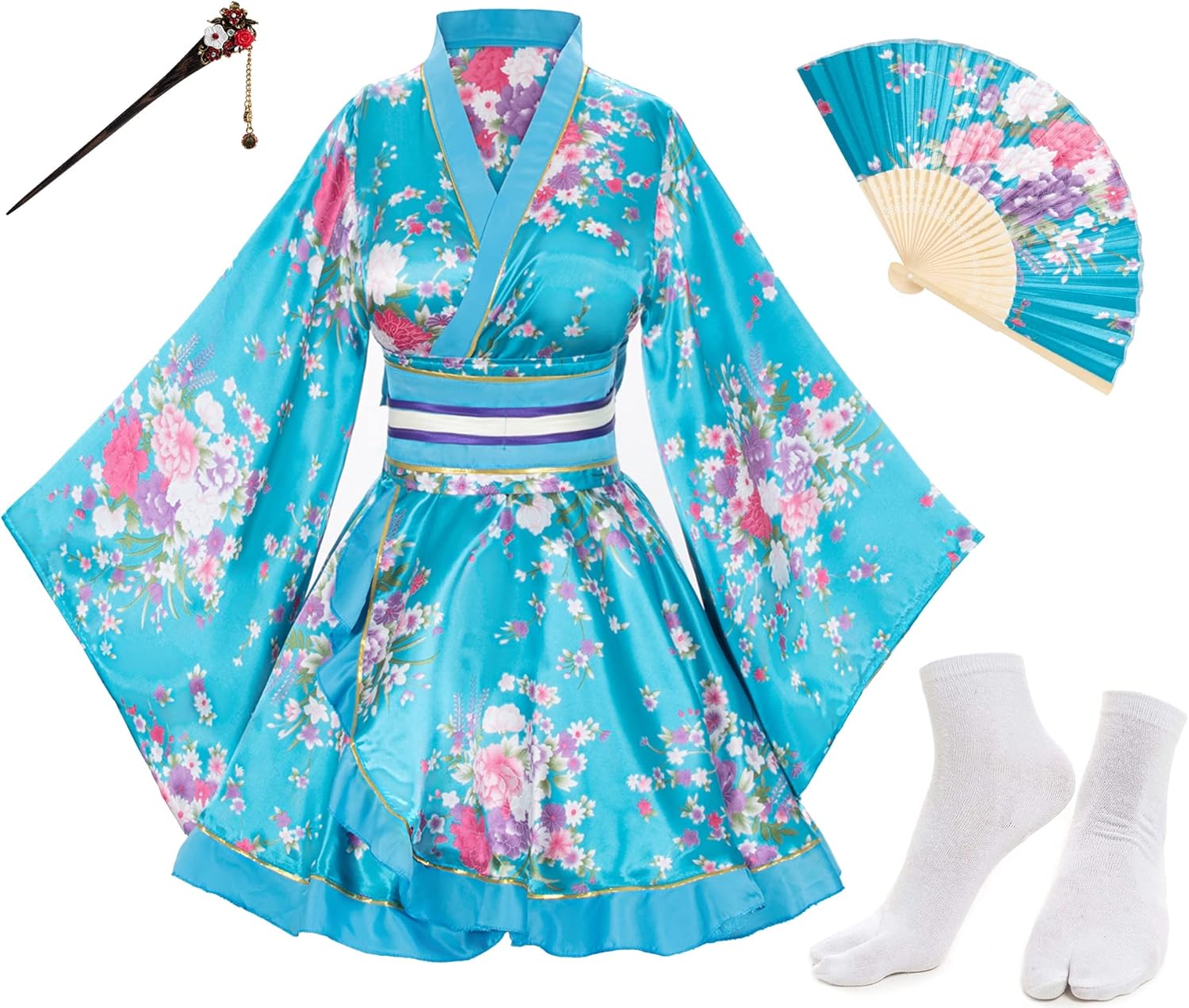 Japanese Anime Women's Dance Kimono Robe Set with Accessories