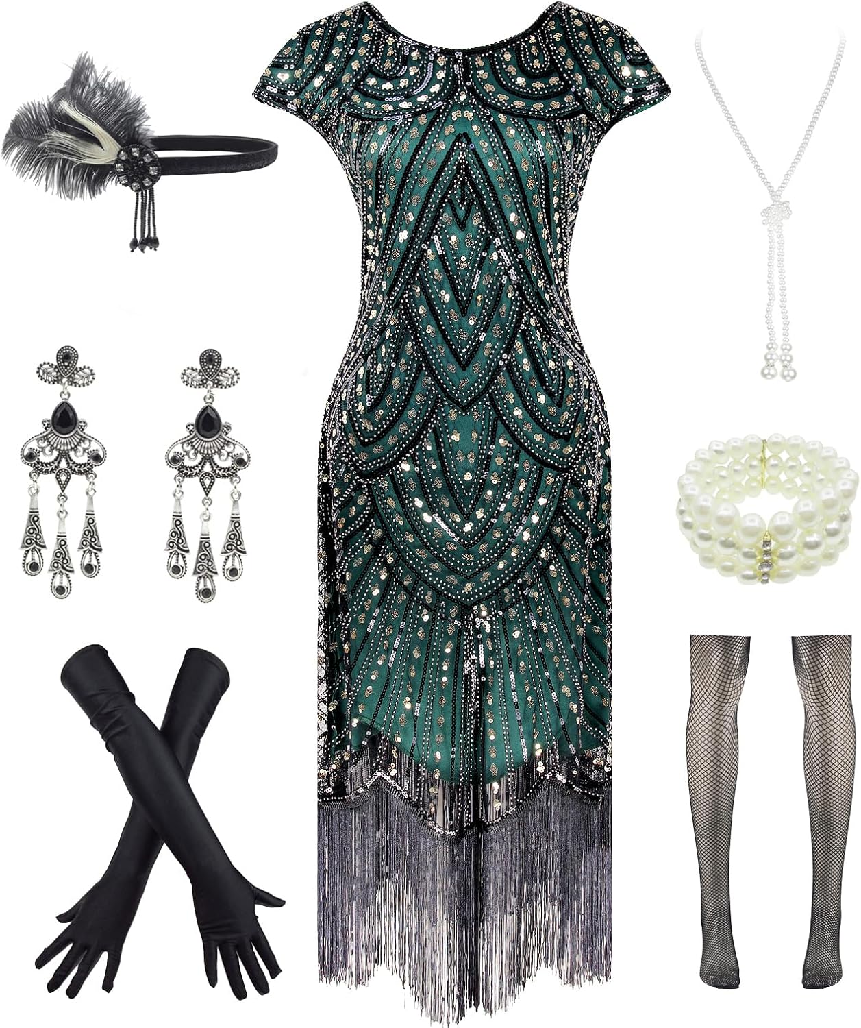 Vintage Lace Fringed Gatsby 1920s Cocktail Dress with Accessories