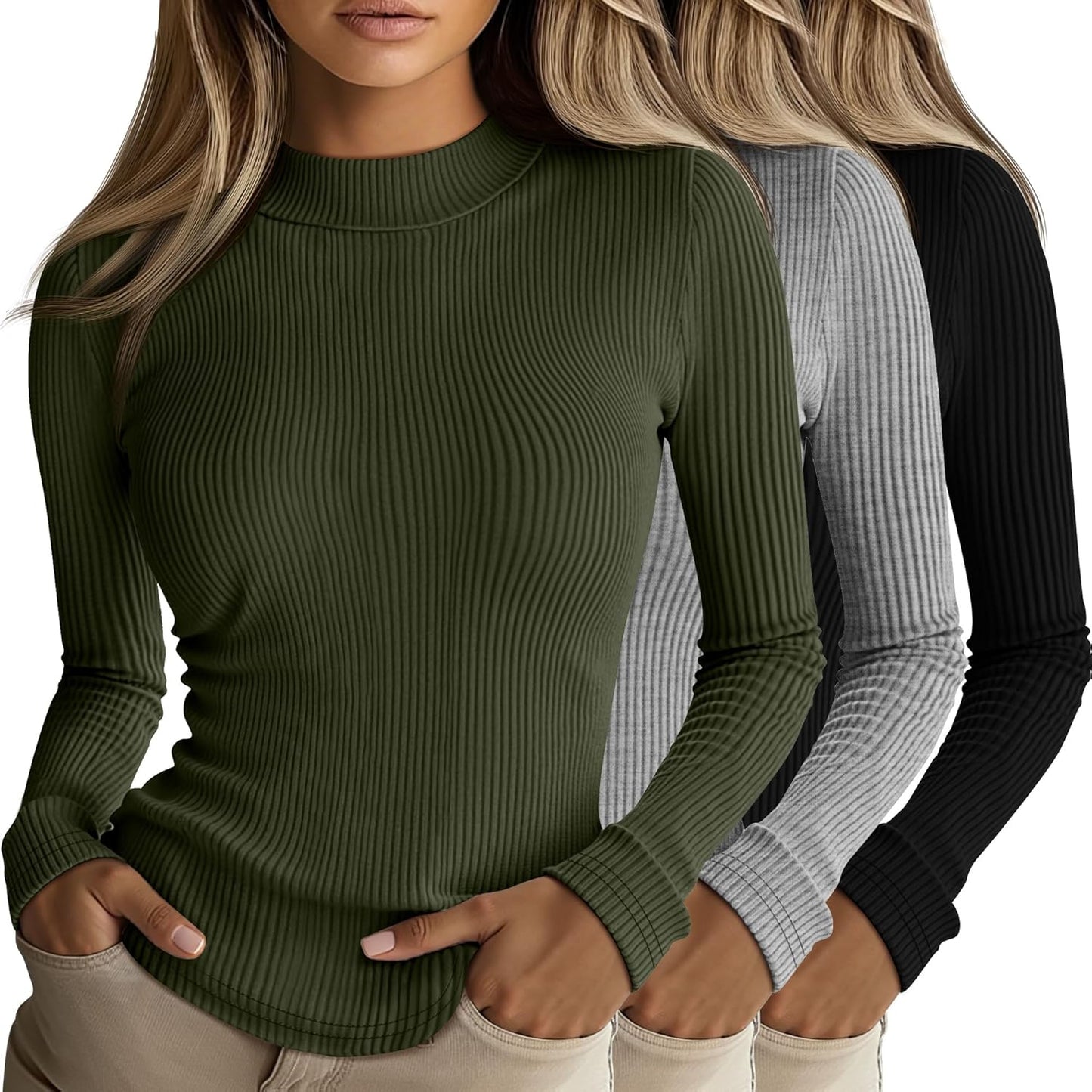 Riyiper 3 Pack Women's Ribbed Mock Turtleneck Long Sleeve Tops