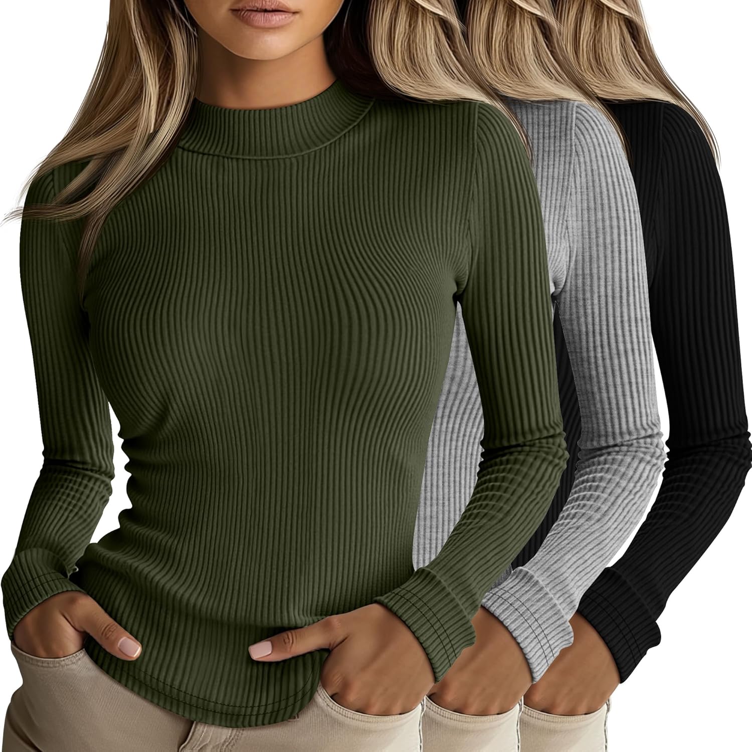 Riyiper 3 Pack Women's Ribbed Mock Turtleneck Long Sleeve Tops