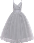 Gray Flower Girls Spaghetti Strap Tulle Dress - Long A Line