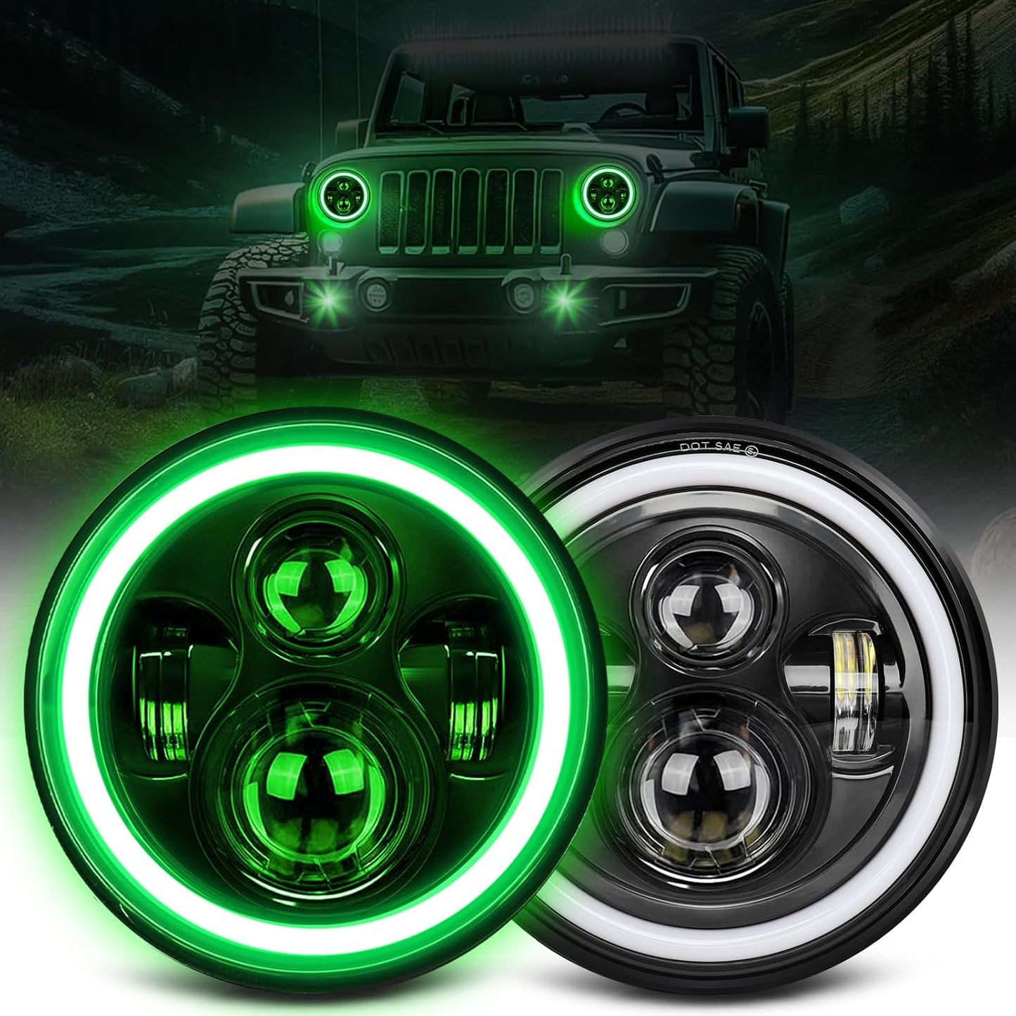 7 inch Green Halo LED Headlight with Amber Turn Signal DRL