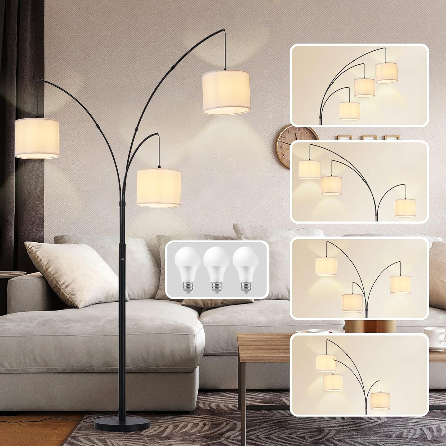 DLLT Modern Floor Lamp: 3-Light Dimmable Arc Lamp for Home