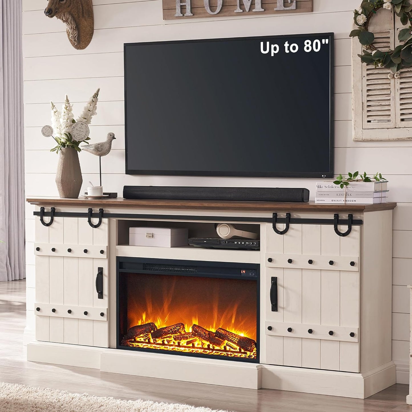 Rustic Farmhouse Highboy TV Stand with Electric Fireplace