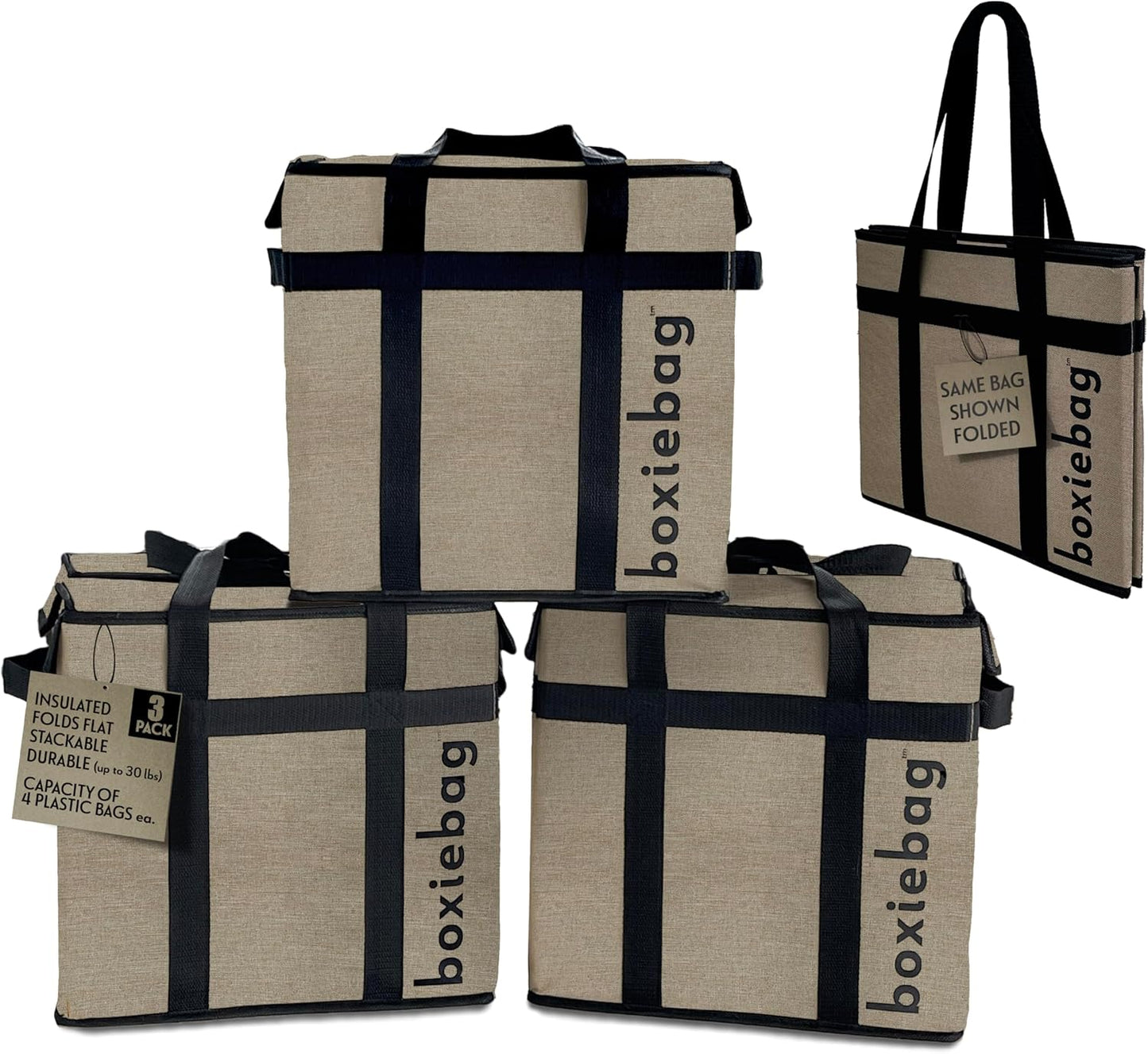 Natural Oxford Collapsible Insulated Reusable Bag Box - 3 Pack