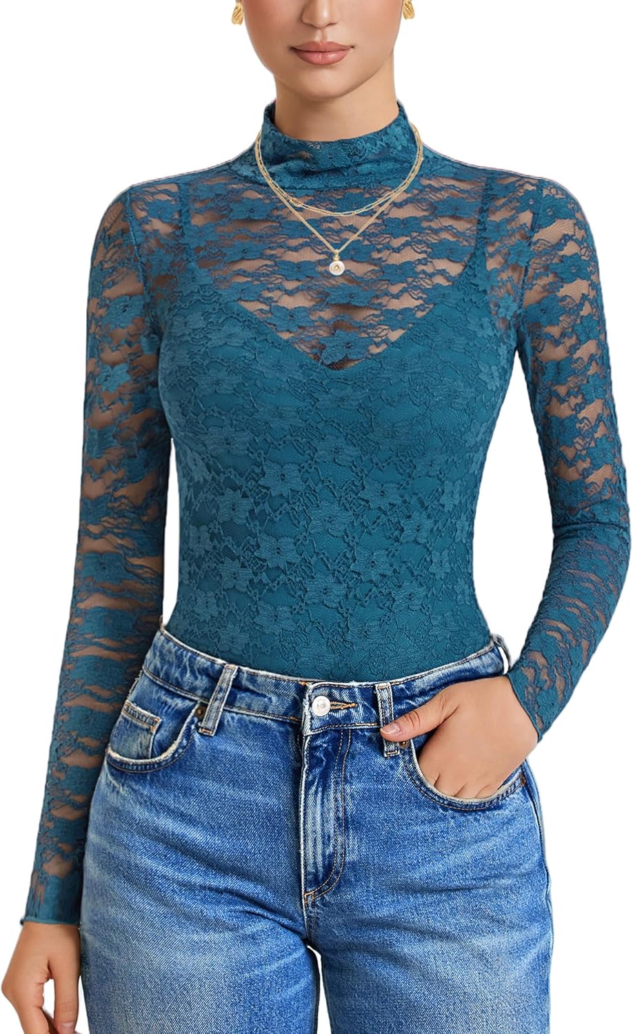 Avidlove Womens Long Sleeve Bodysuit Mock Neck Lace Tops
