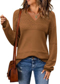 Zeagoo Womens Ribbed Knit Crochet V Neck Sweater Top - Lightweight