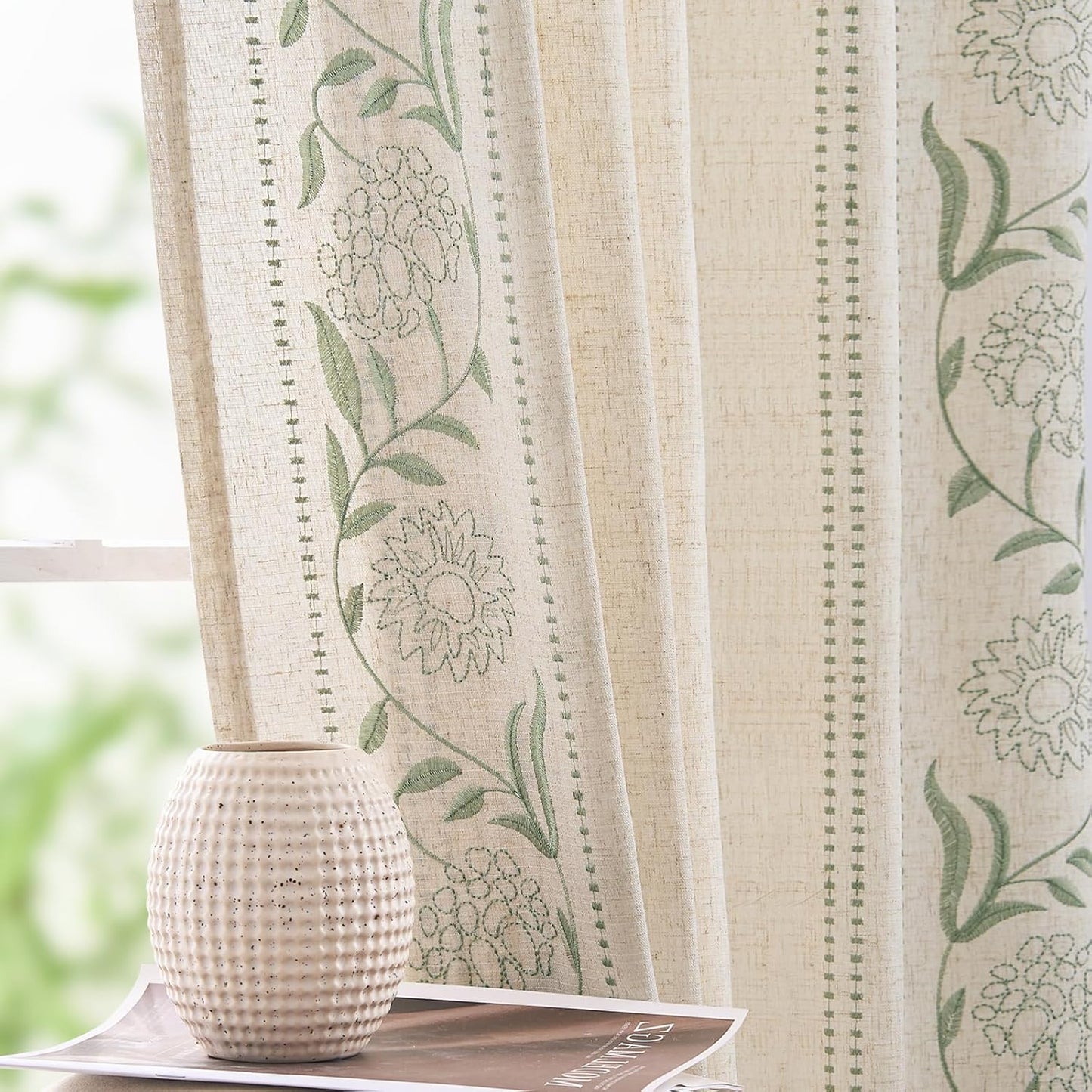 Winslow Linen Curtains for Bedroom with Floral Embroidery