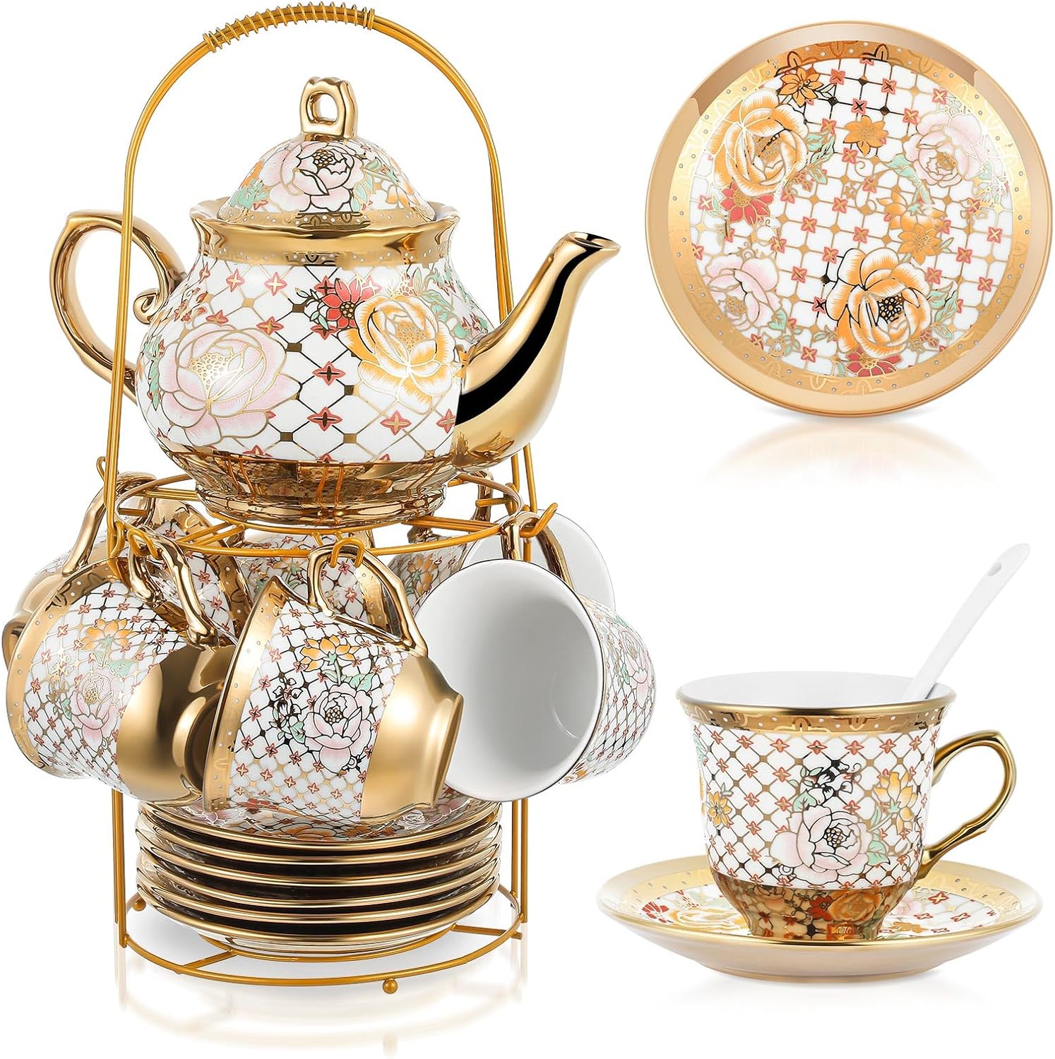 Elegant Porcelain Tea Set with Metal Holder and Spoon for Adults