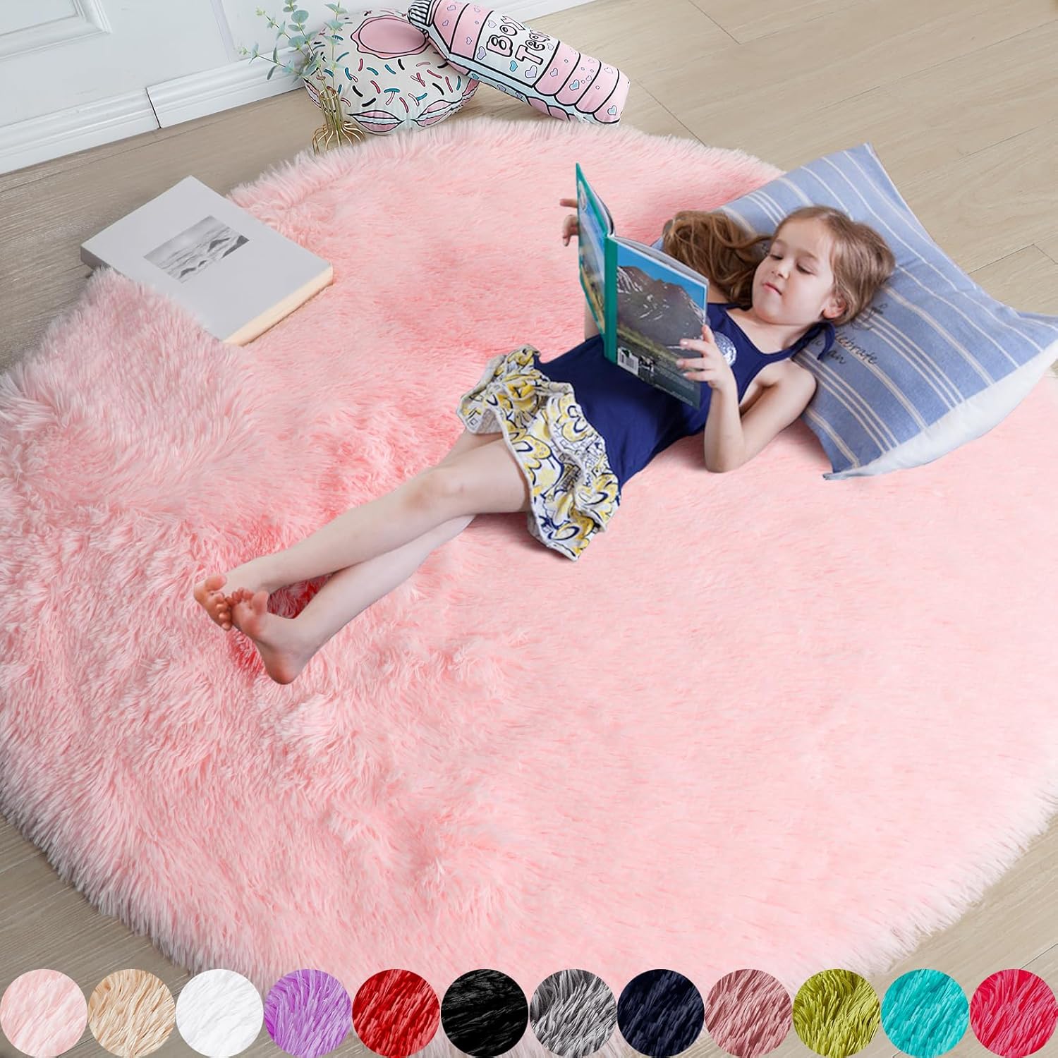 Fluffy Pink Round Area Rugs for Girls Bedroom Decor and More