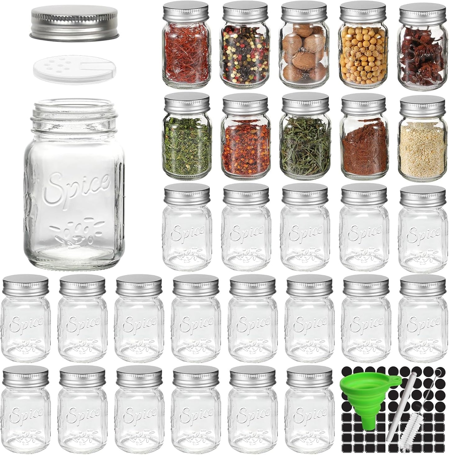 CycleMore 30 Pack 4oz Glass Mason Spice Jars with Lids and Labels