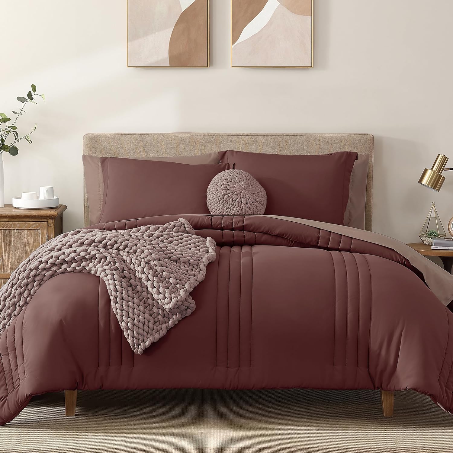 Monbix Full Comforter Set - 7 Pieces Dark Red Bedding Set