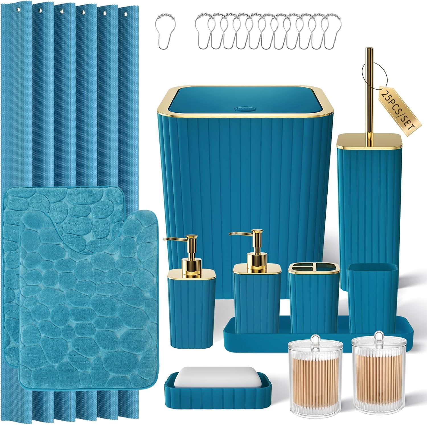 25PC Teal Bathroom Accessory Set with Shower Curtain and Rugs