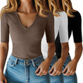 Riyiper Women's Slim Fit Blouse with V Neck and Half Sleeves