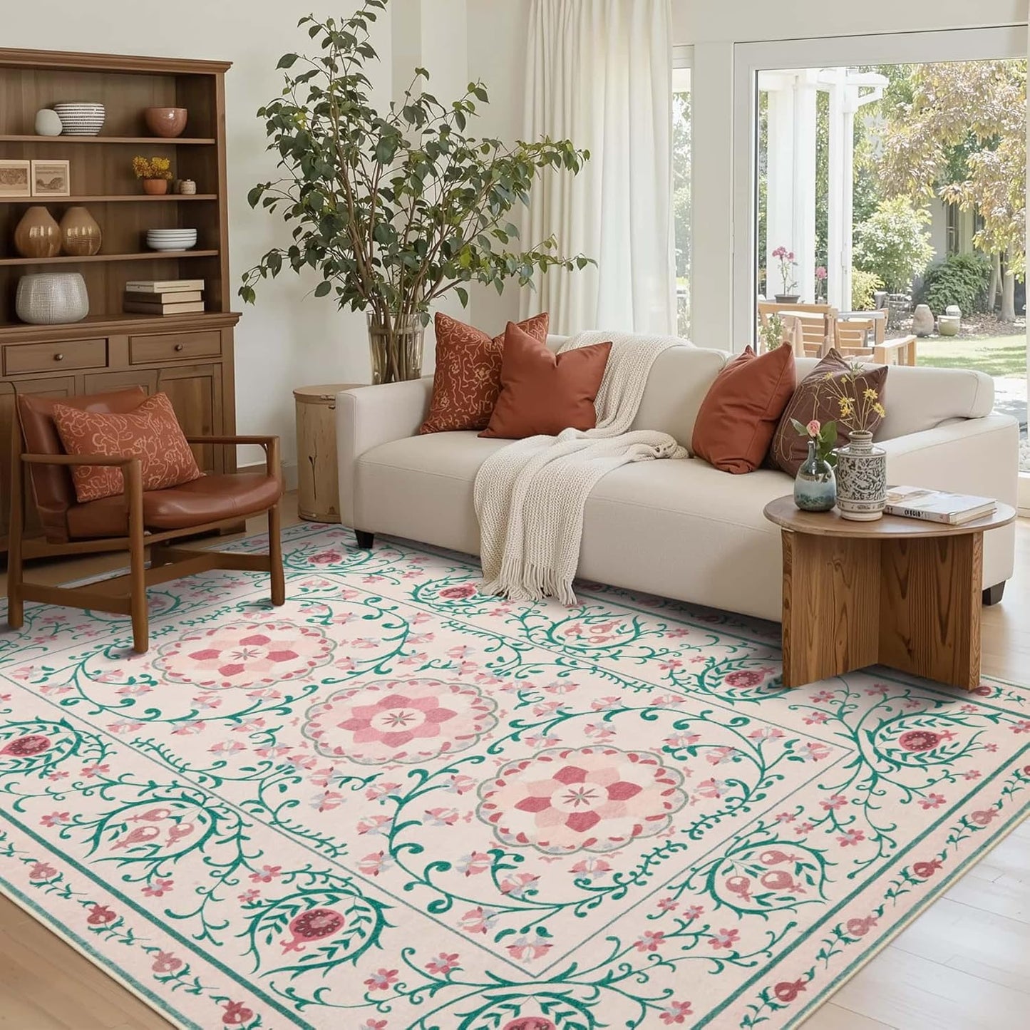 Pink Floral Rug for Living Room and Bedroom, 5x7 Washable