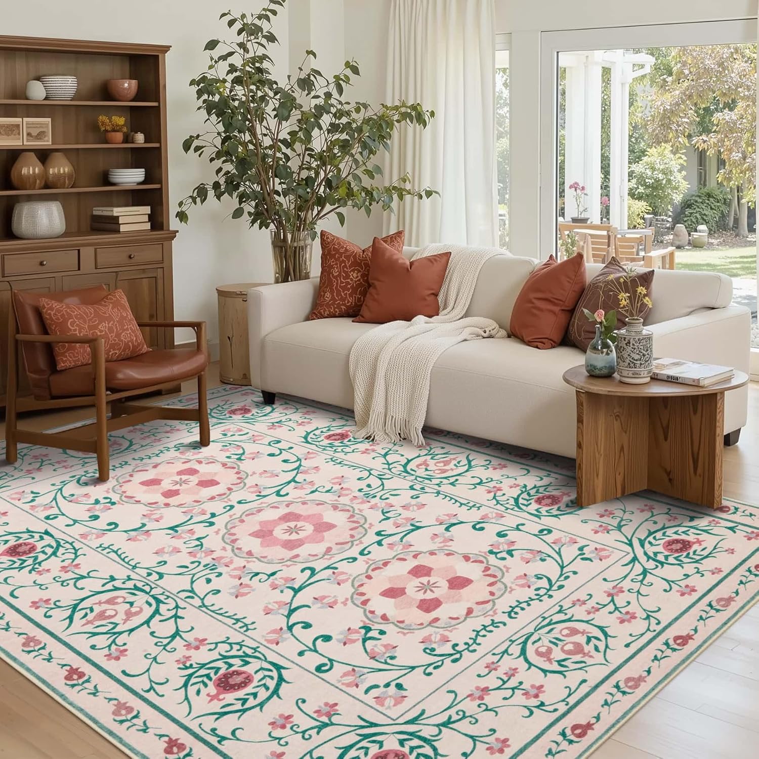 Pink Floral Rug for Living Room and Bedroom, 5x7 Washable