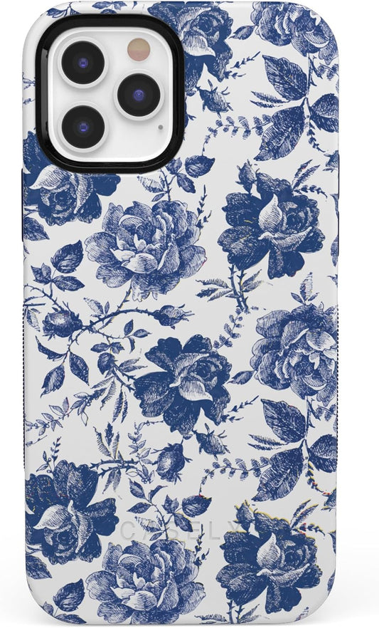 Casely iPhone 12/12 Pro Floral Case - Blue & White Rose Design