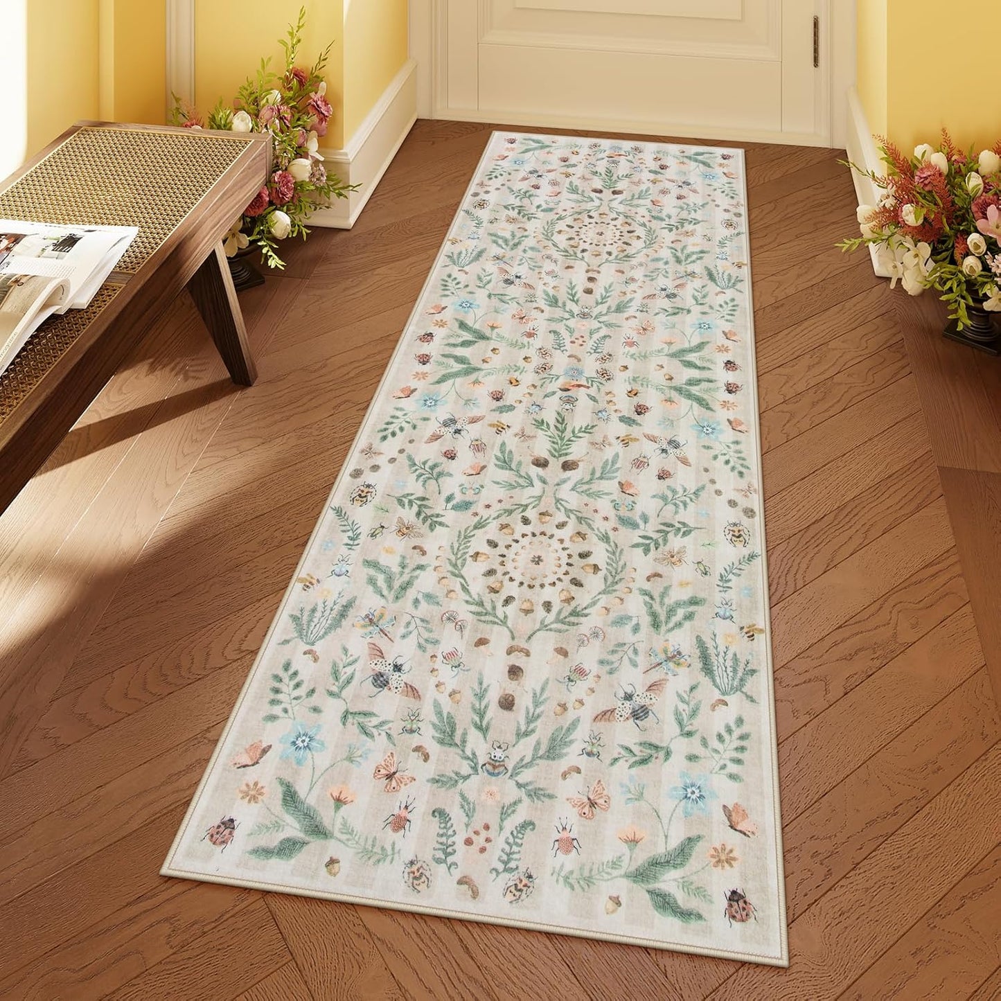 Lahome Insect Botanical Beige Bathroom Runner Rugs for Cozy Spaces