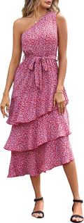 Women's Summer Floral One Shoulder Midi Sundress - Flowy Boho Style 16