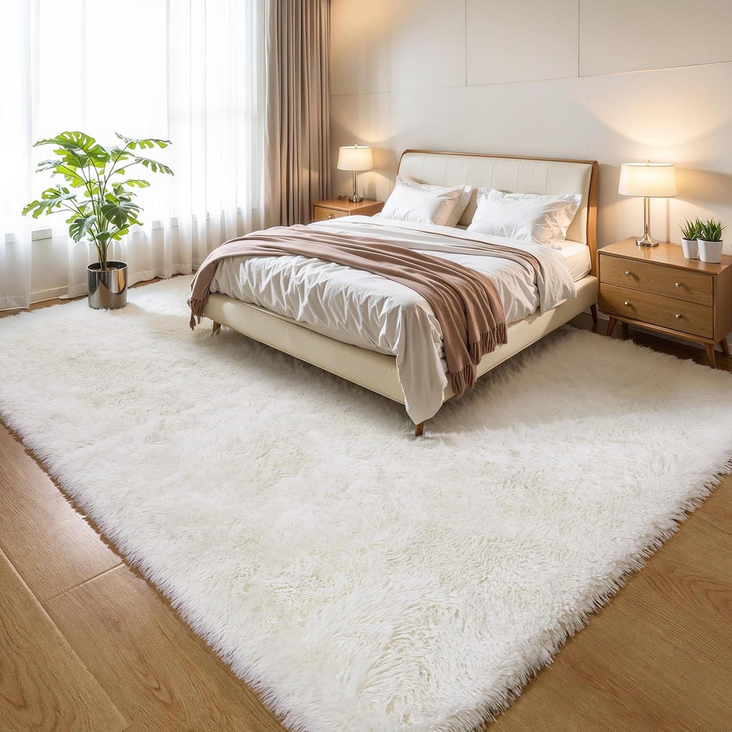 KCHOWUA Cream White Fluffy Area Rug for Bedroom and Living Room