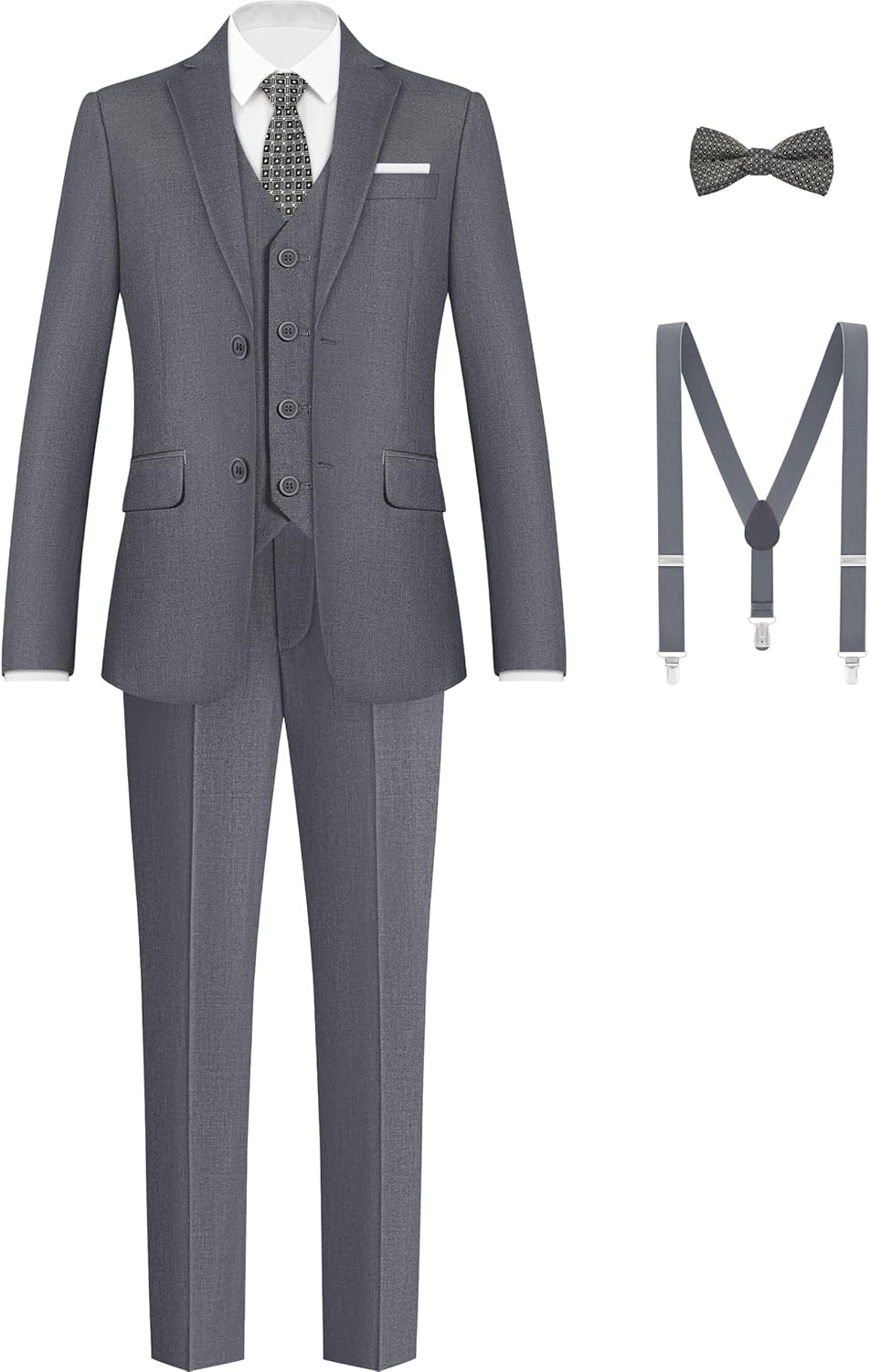 Boys Formal Suits Set with Adjustable Waist and Suspenders
