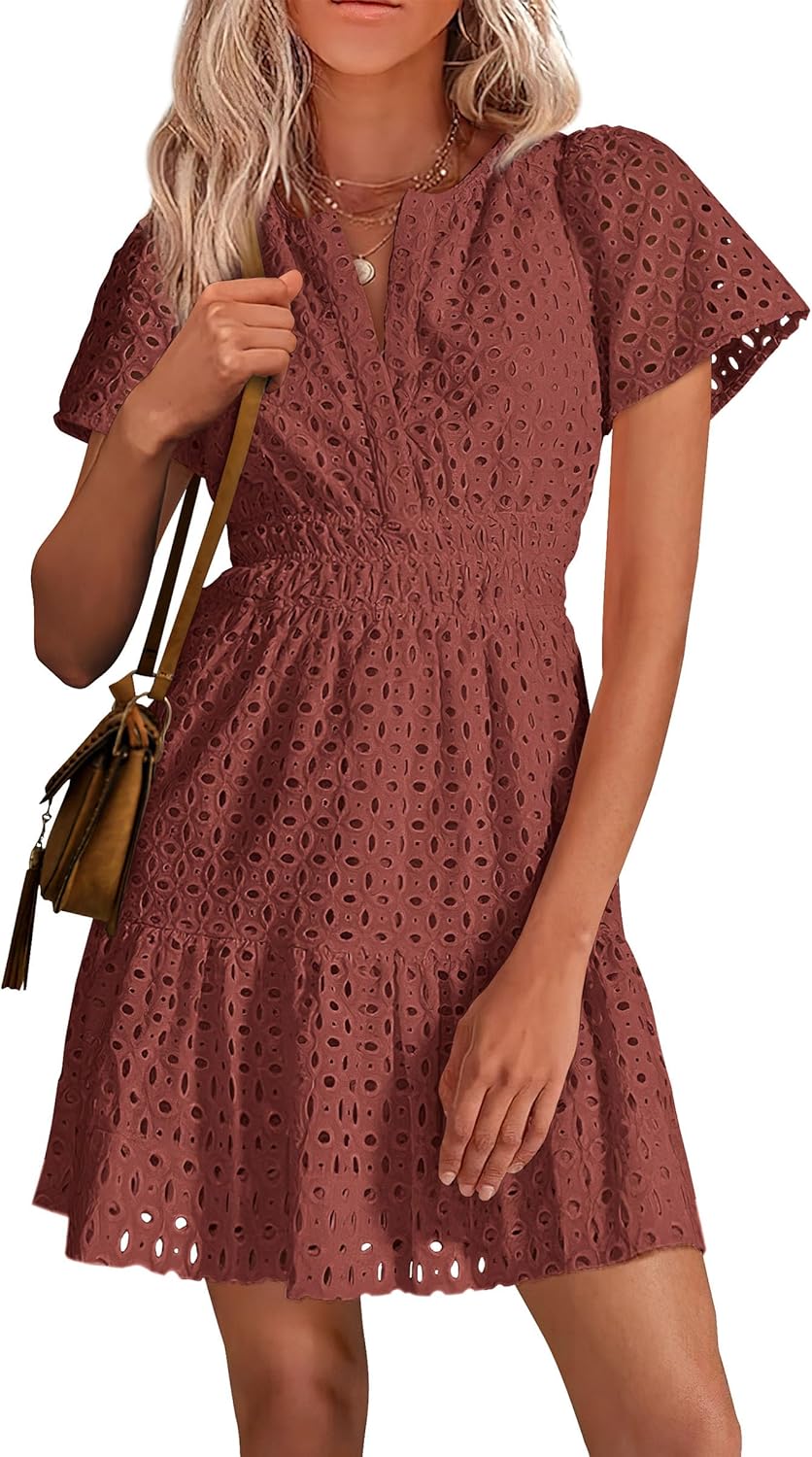 PRETTYGARDEN Womens Summer Short Dress V Neck Ruffle Style