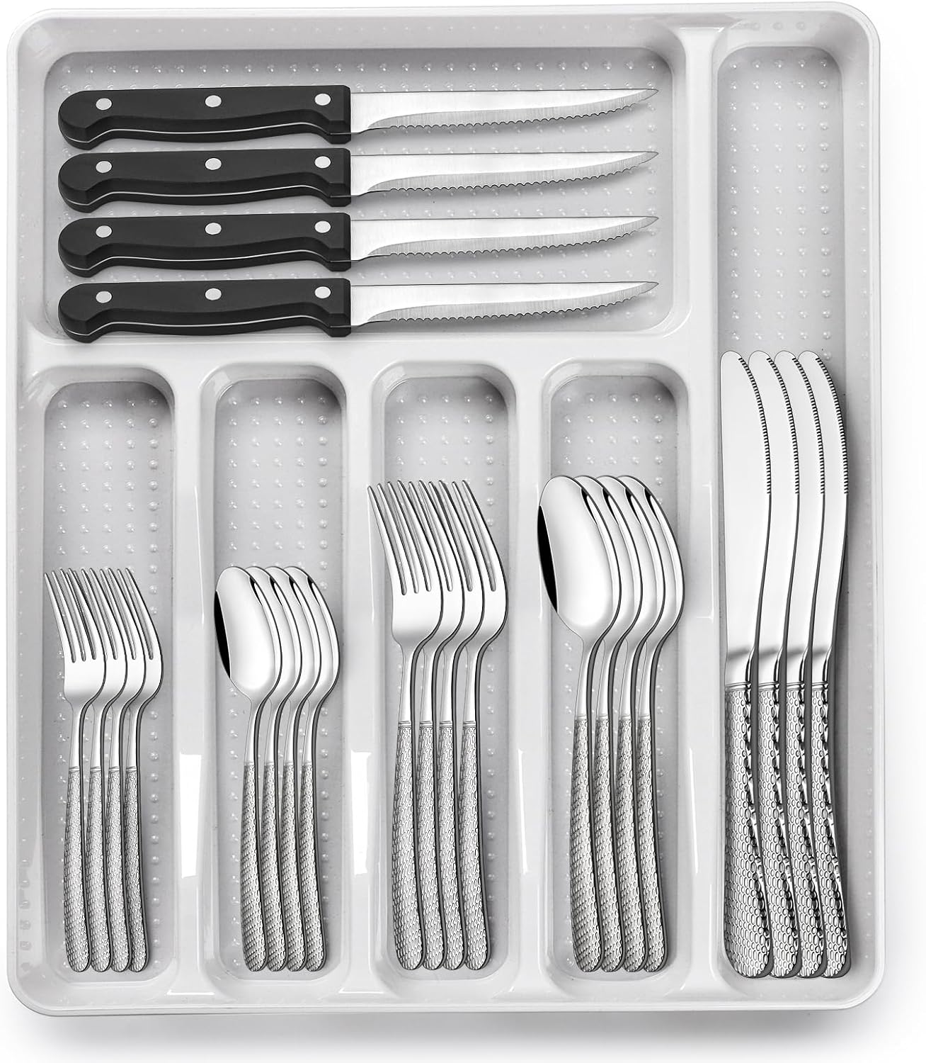49-Piece Hammered Silverware Set with Organizer for 8 People