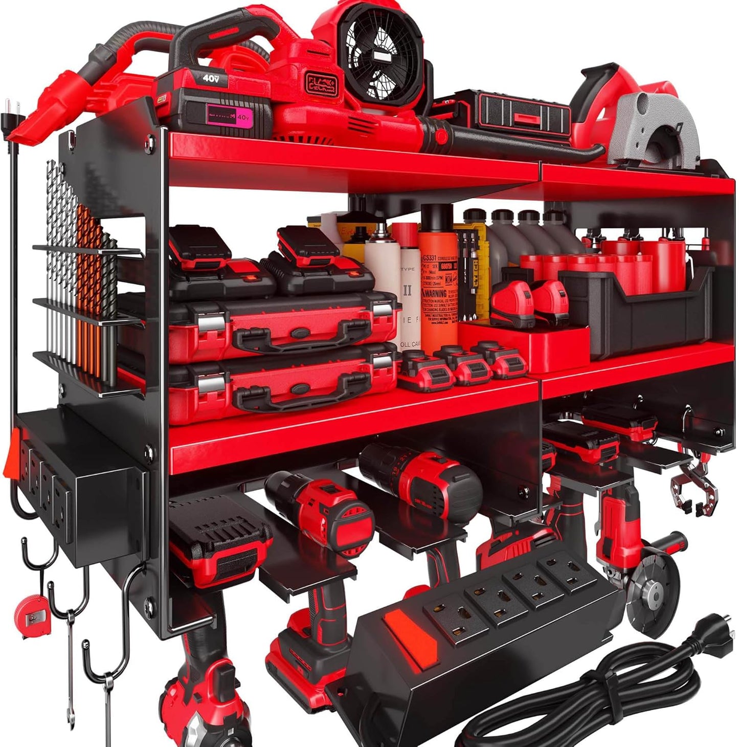 Power Tool Organizer Wall Mount with 4-Outlet Power Strip