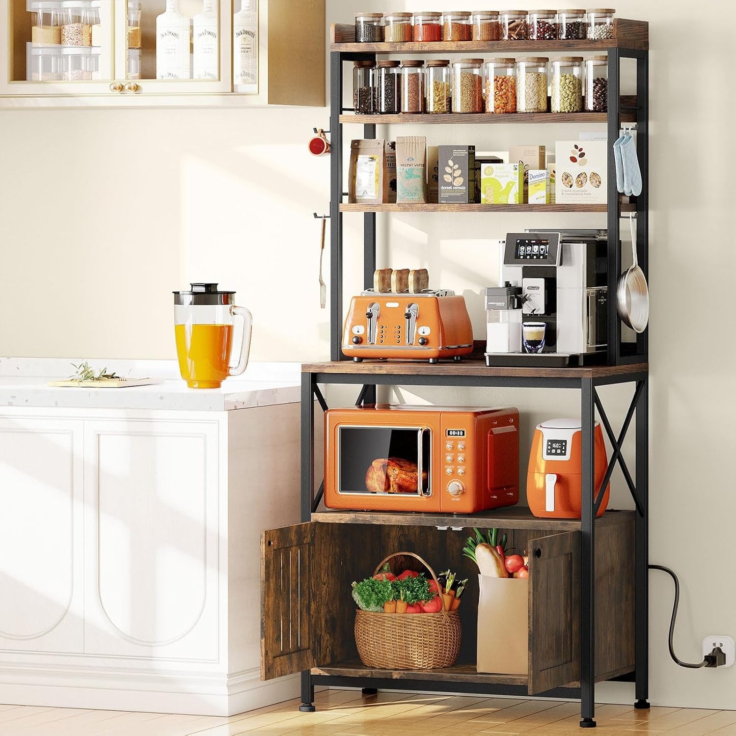 6-Tier Bakers Rack: Power Outlet, Storage Cabinet, Coffee Bar!