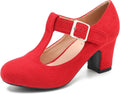 Women T-Strap Mary Jane Pumps Low Block Chunky Heels - Closed Round