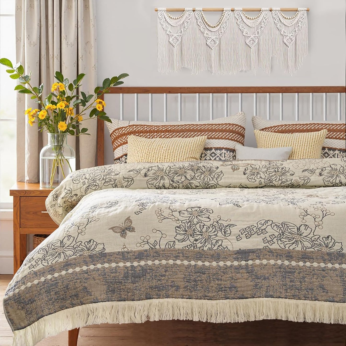 Boho Floral 100% Cotton Blanket for Cozy Rustic Decor