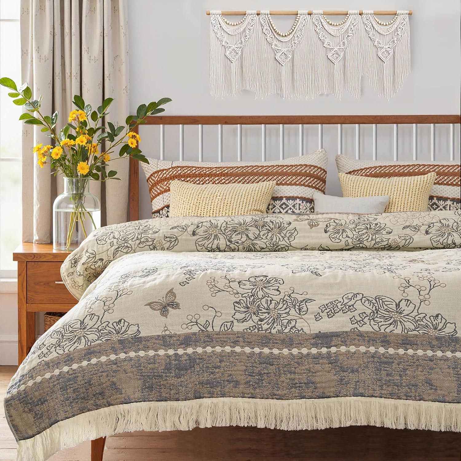 Boho Floral 100% Cotton Blanket for Cozy Rustic Decor