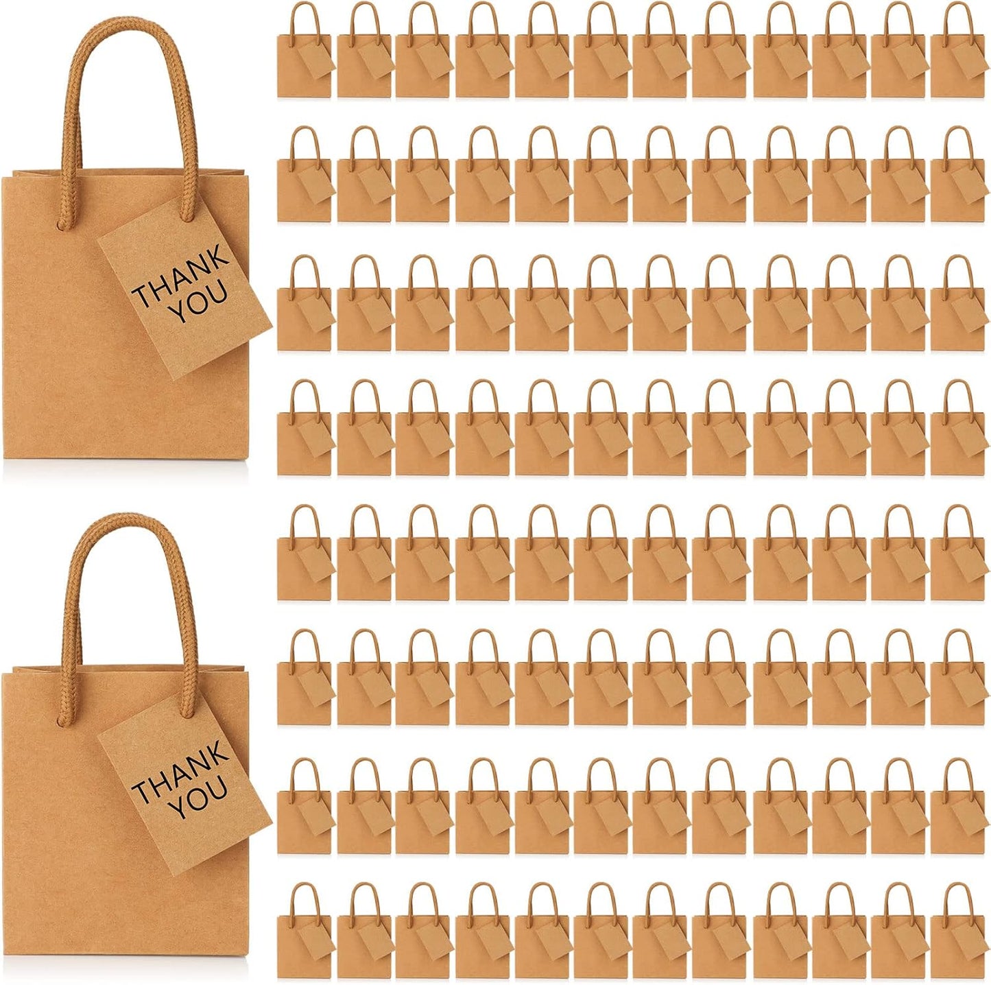 Mini Gift Bags Bulk - 100 Pack Brown Paper Bags with Tags