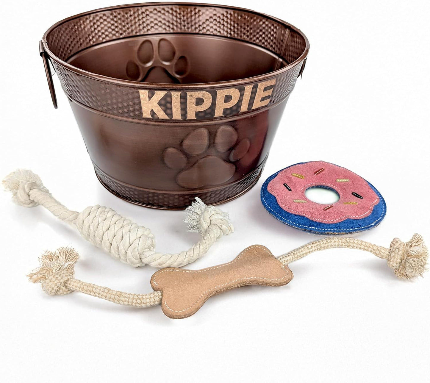 Personalized Metal Dog Toy Bin with Custom Name and Toy Set