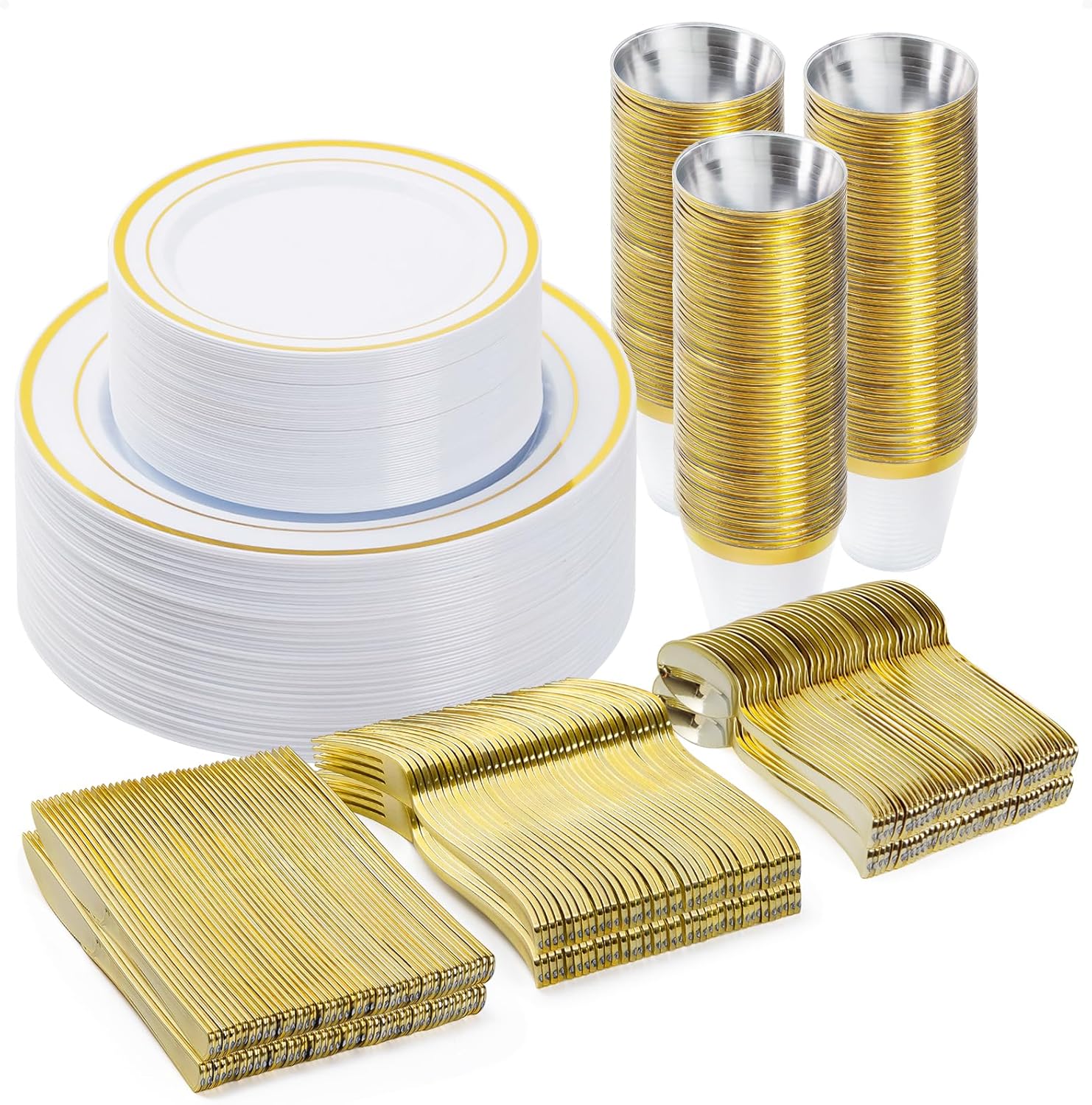 300PCS Plastic Dinnerware Set for 50 Guests, Gold Plates