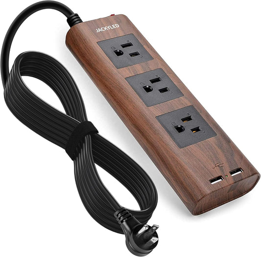 JACKYLED Vintage Power Strip: 3 Outlets, USB Charging, Fire-Retardant, Walnut Wood