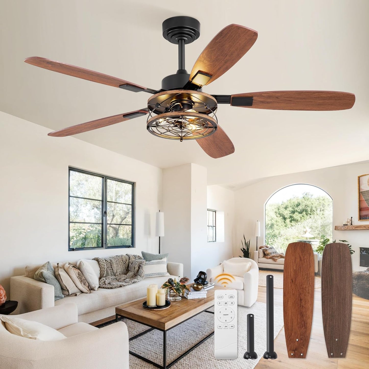 52 Inch Farmhouse Ceiling Fan with Light and Remote Control