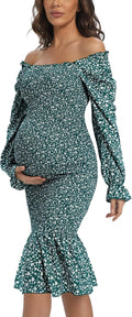 Spring Long Puff Sleeve Maternity Dress Floral Ruffle