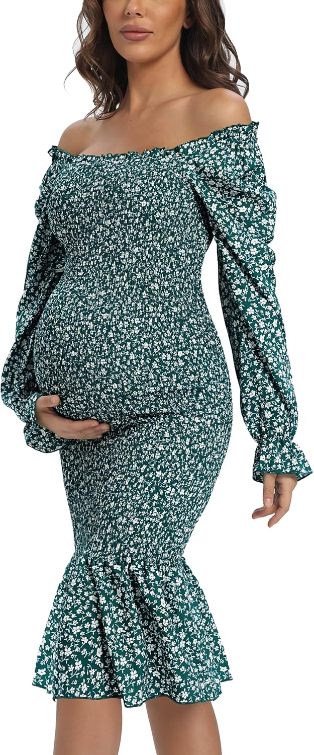 Spring Long Puff Sleeve Maternity Dress for Baby Showers