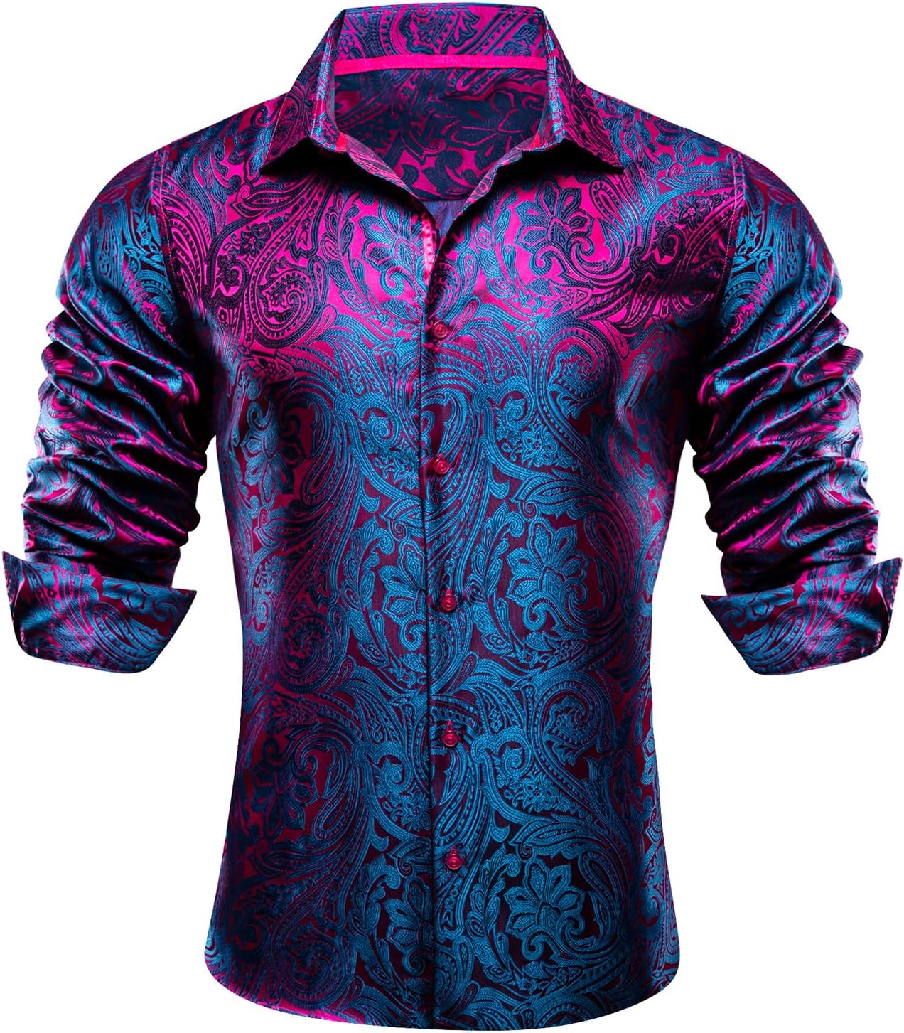 Barry.Wang Men Dress Shirts Paisley 70s Disco Silk Tops