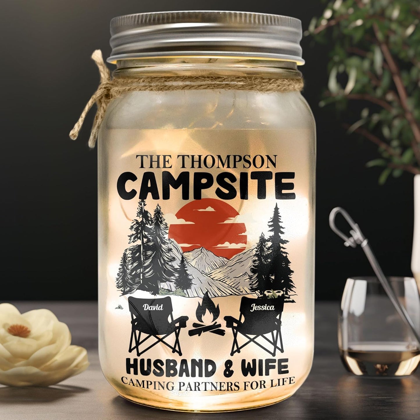 Husband & Wife Camping Partners Mason Jar Light