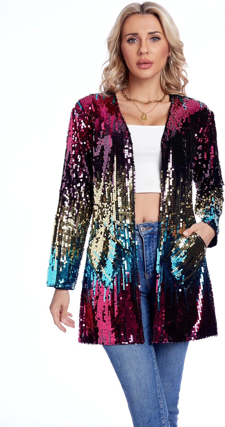 Women's Sequin Jacket Open Front Blazer for Sparkly Style