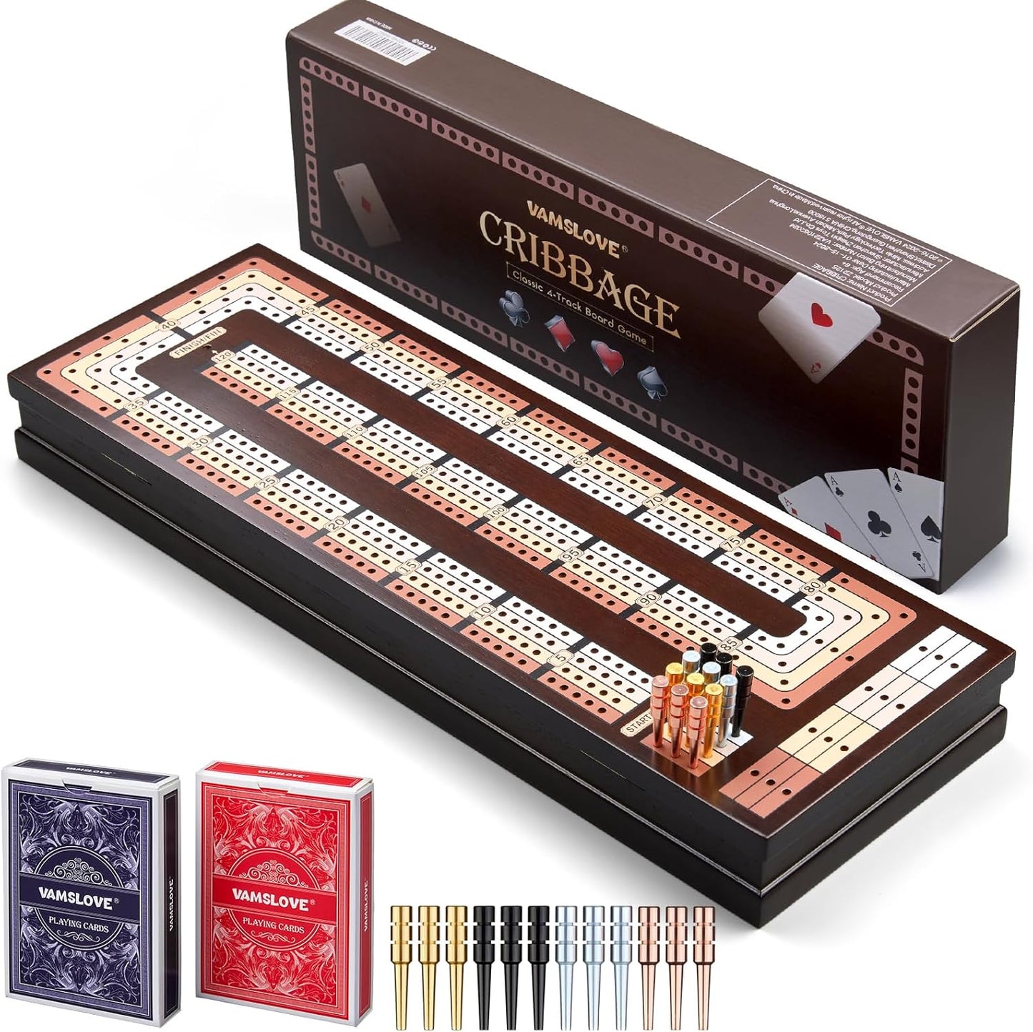 Upgraded Wooden 4-Track Cribbage Board Game with Magnetic Scoreboard